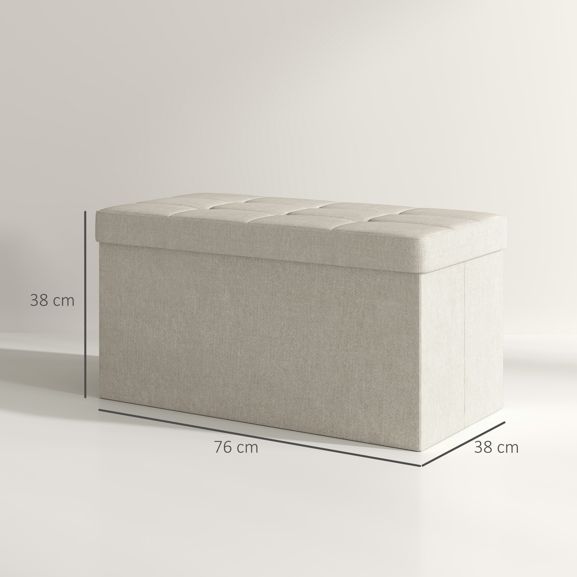 Puff Almacenaje, Banco Almacenaje Plegable, 84 L, 76x38x38 cm, Tapizado en Lino Sintético, Baúl de Almacenamiento, Carga 120 kg, Taburete para Sala de Estar, Dormitorio, Entrada, Crema