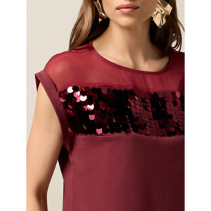 Oltre - T-shirt bimaterica con paillettes - Bordeaux