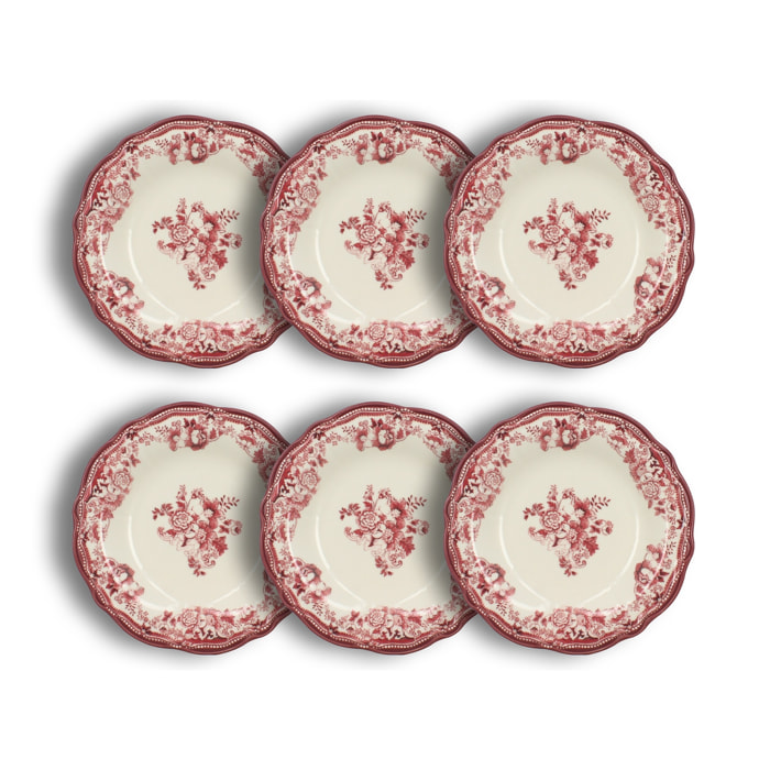 Lot de 6 assiettes creuses fleuries en grès rose 22cm FAUSTINE