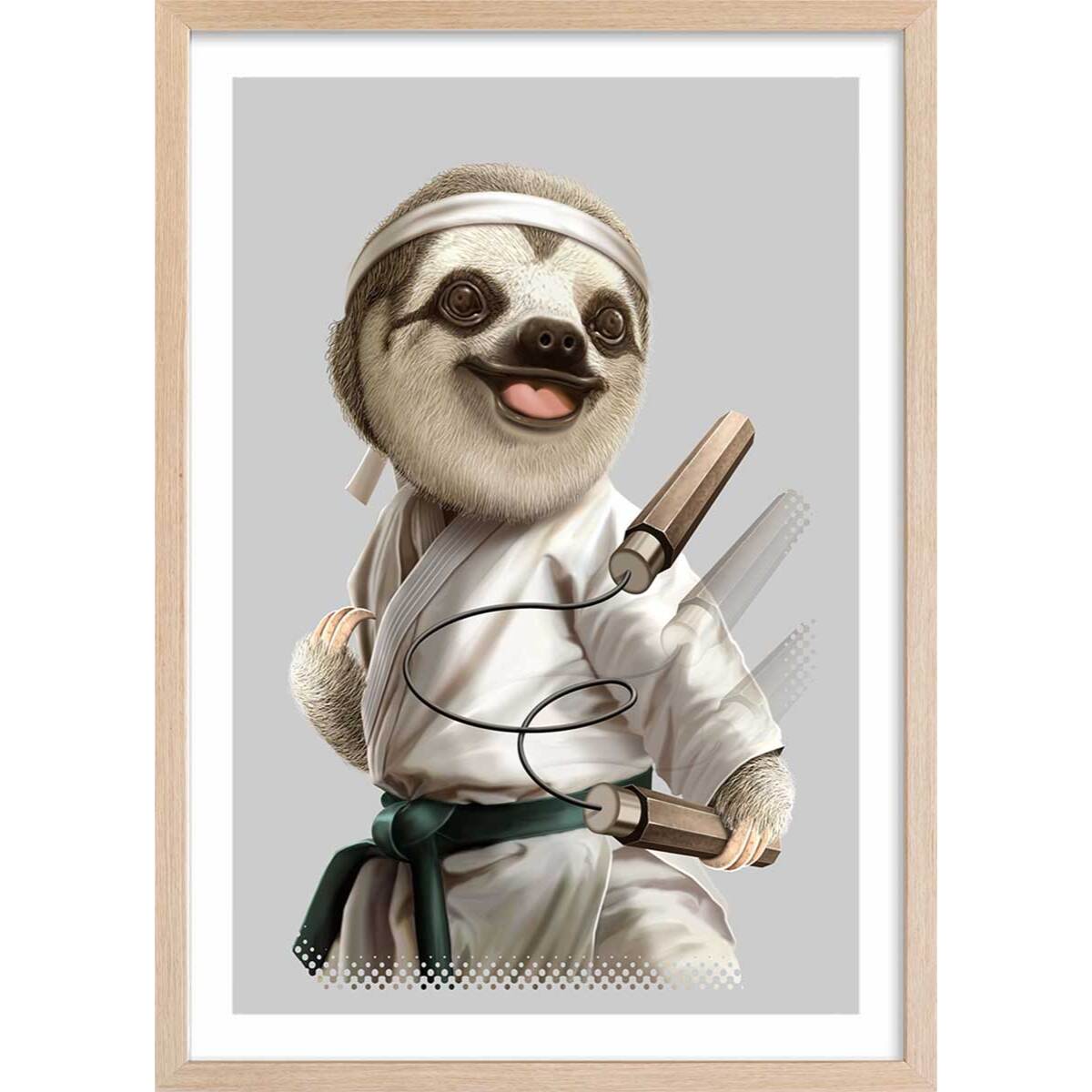 Affiche enfant karaté paresseux  Affiche + cadre en bois - Chêne