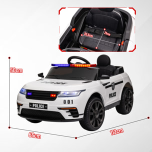 Coche Eléctrico para Niños de +3 Años Carro Eléctrico Infantil de Policía con Batería 12V Mando a Distancia Faros Bocina Sirena Música y Rueda de Entrenamiento Blanco