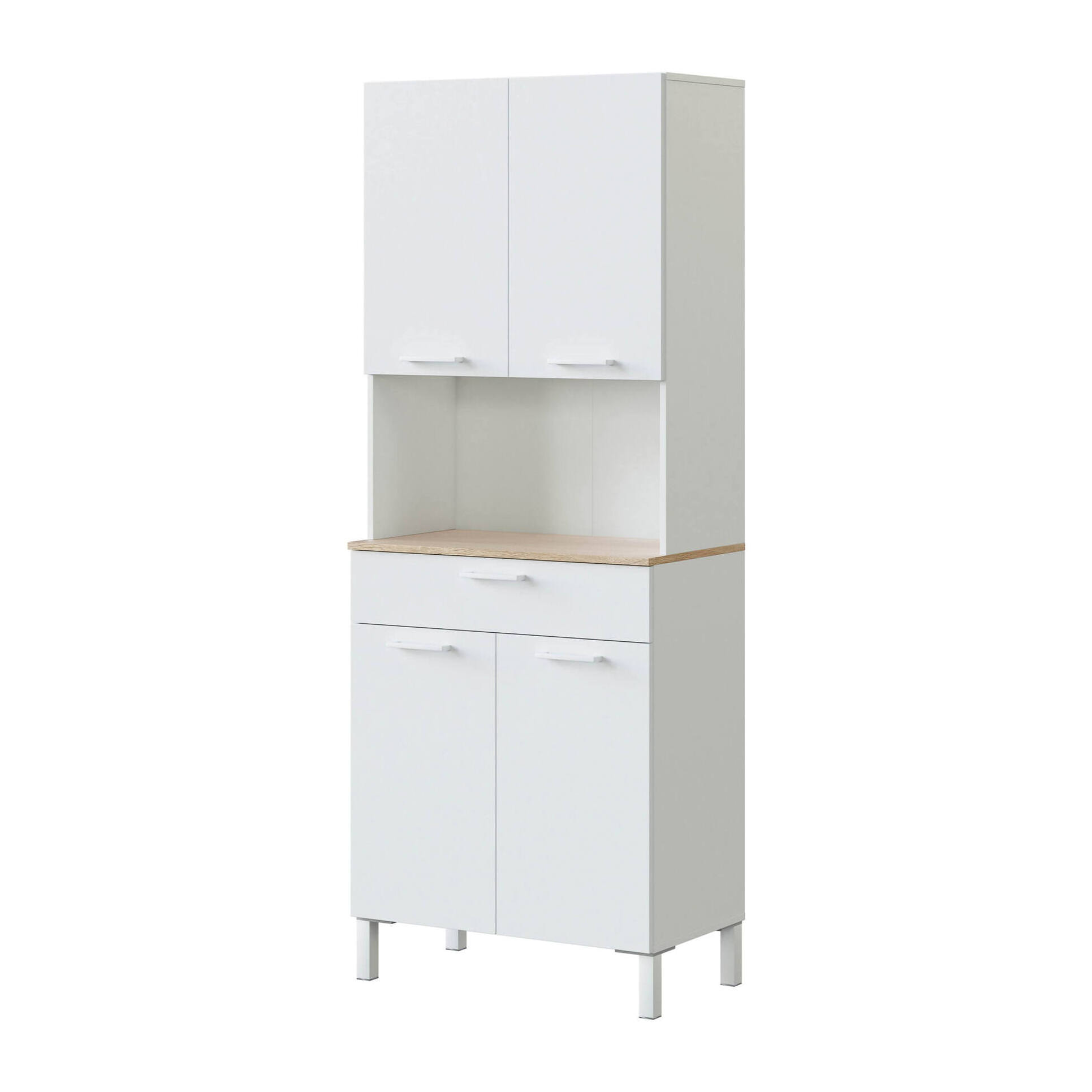 Armadio multiuso Chandler, Mobile ausiliario da cucina, Credenza a 4 ante e 1 cassetto con ripiani, Armadio aperto, cm 72x40h186, Bianco e Rovere