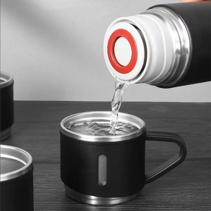 Set di thermos da 500 ml e 3 tazze isolanti. Mantenimento del freddo e del caldo da 6 a 12 ore.