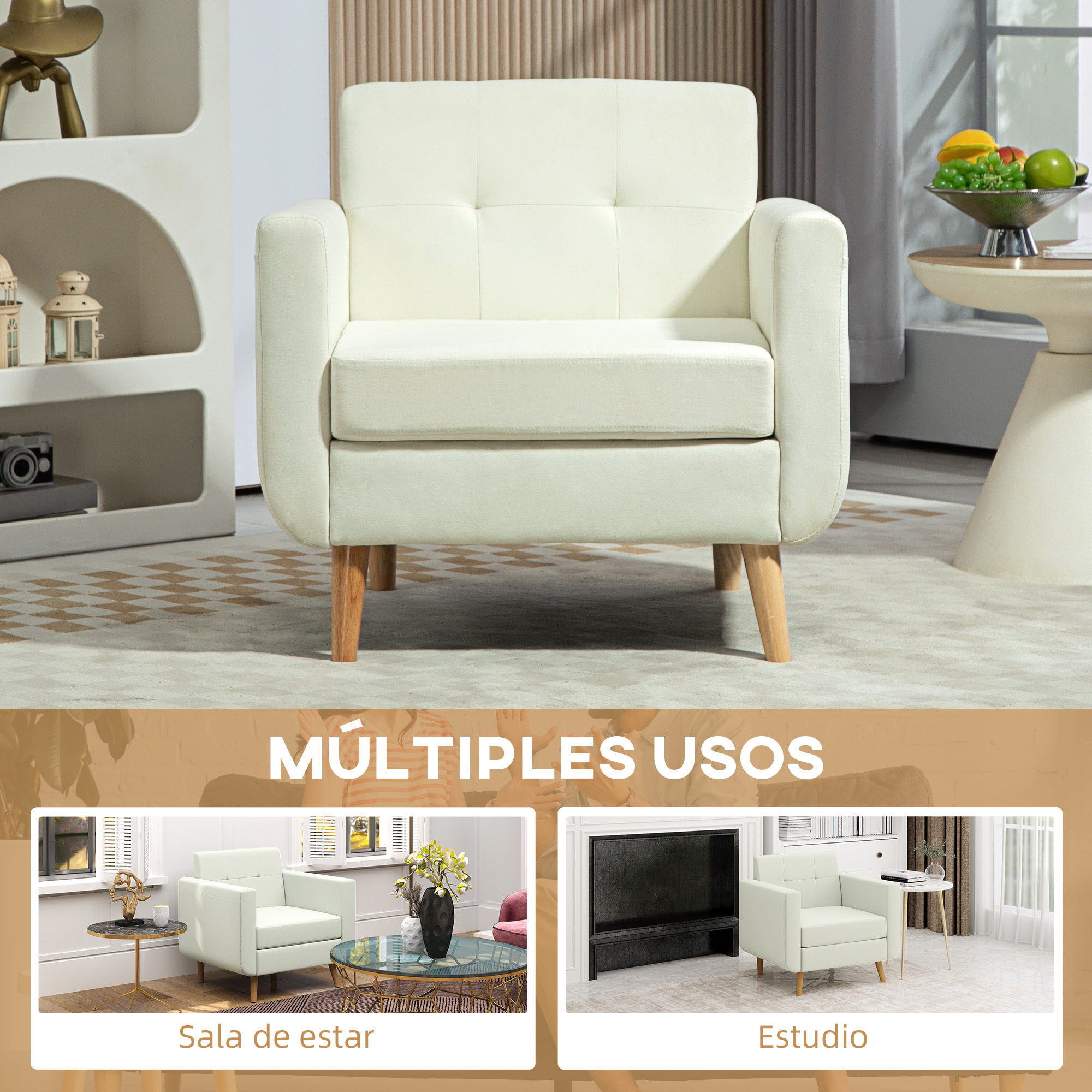 Sillón de Salón Moderno Butaca para Dormitorio con Reposabrazos y Patas de Madera Sofá Individual Carga 125 kg para Oficina Sala de Estar Crema