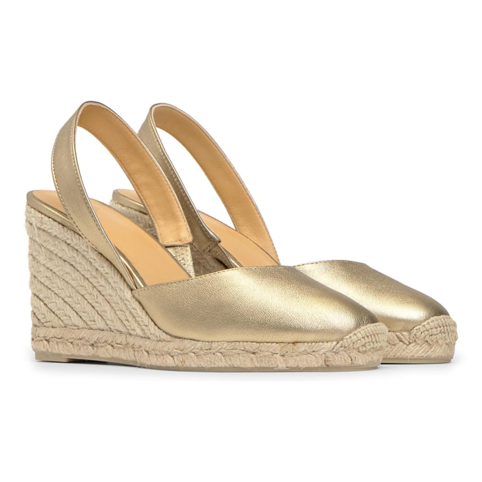 Alpargatas de cuña de mujer Carissa en piel metalizada, abertura en la parte posterior del talón