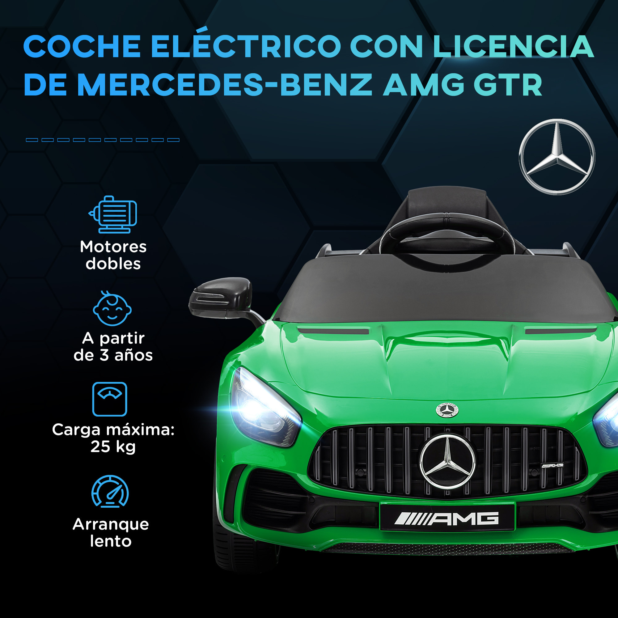 Coche Eléctrico para Niños de +3 Años Mercedes-Benz AMG GTR Carro Eléctrico Infantil con Batería 12V Mando a Distancia Faros Bocina Música y Pantalla Verde