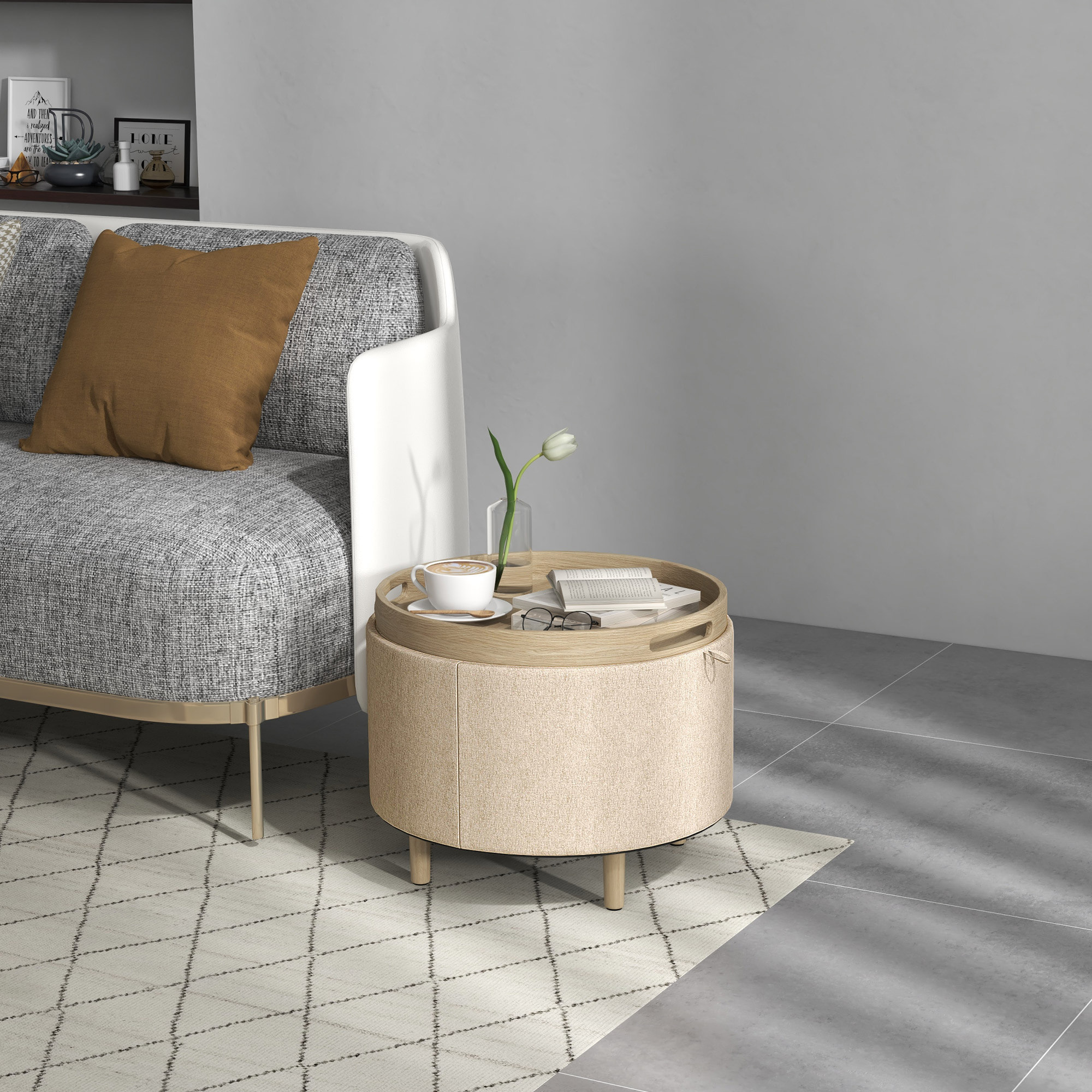 Pouf repose-pied tabouret avec coffre de rangement - plateau réversible - pieds bois tissu aspect lin beige