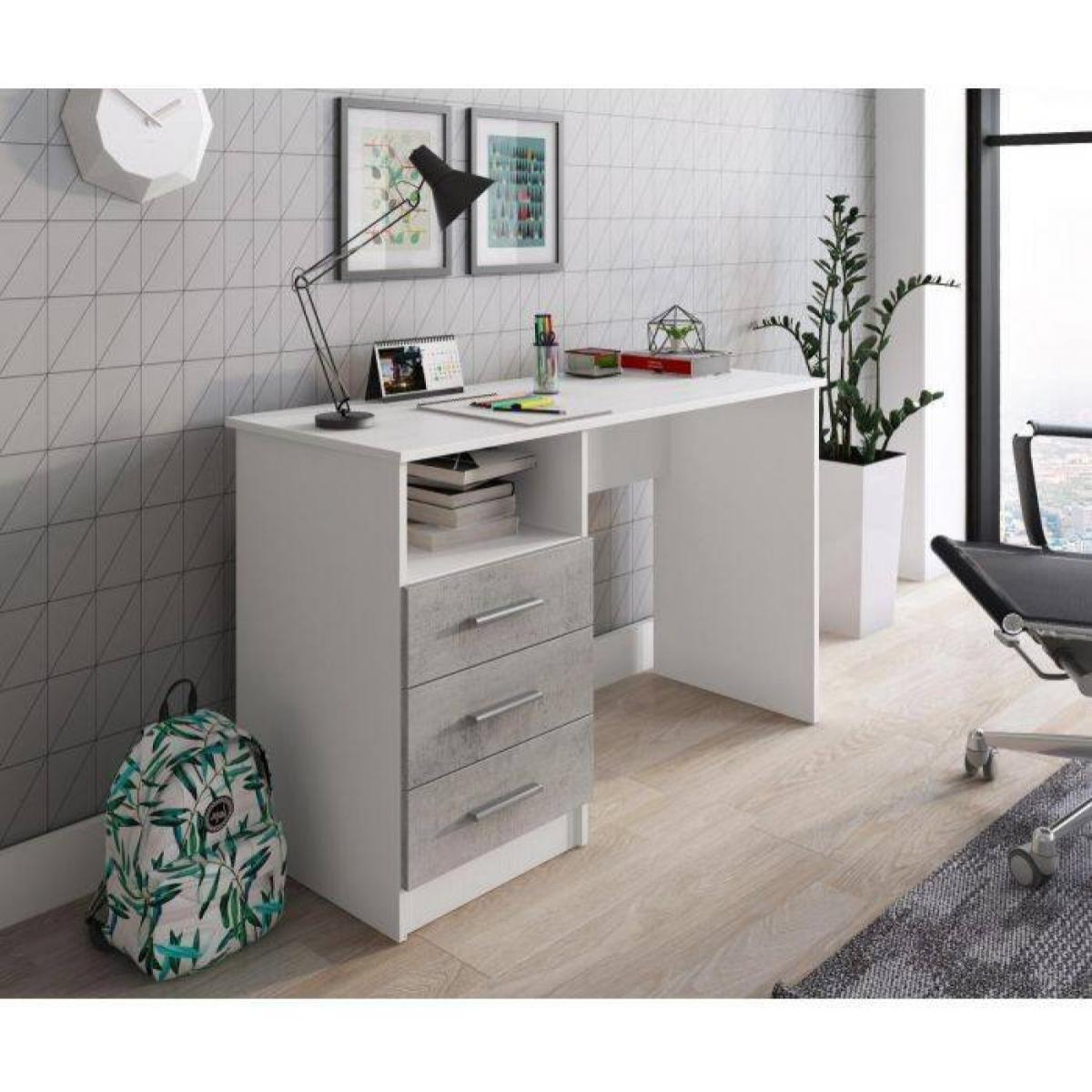 Scrivania lineare per ufficio e studio con 3 cassetti, Tavolo da computer minimal, Scrittoio per lavoro, cm 120x48h75, colore Bianco e Cemento