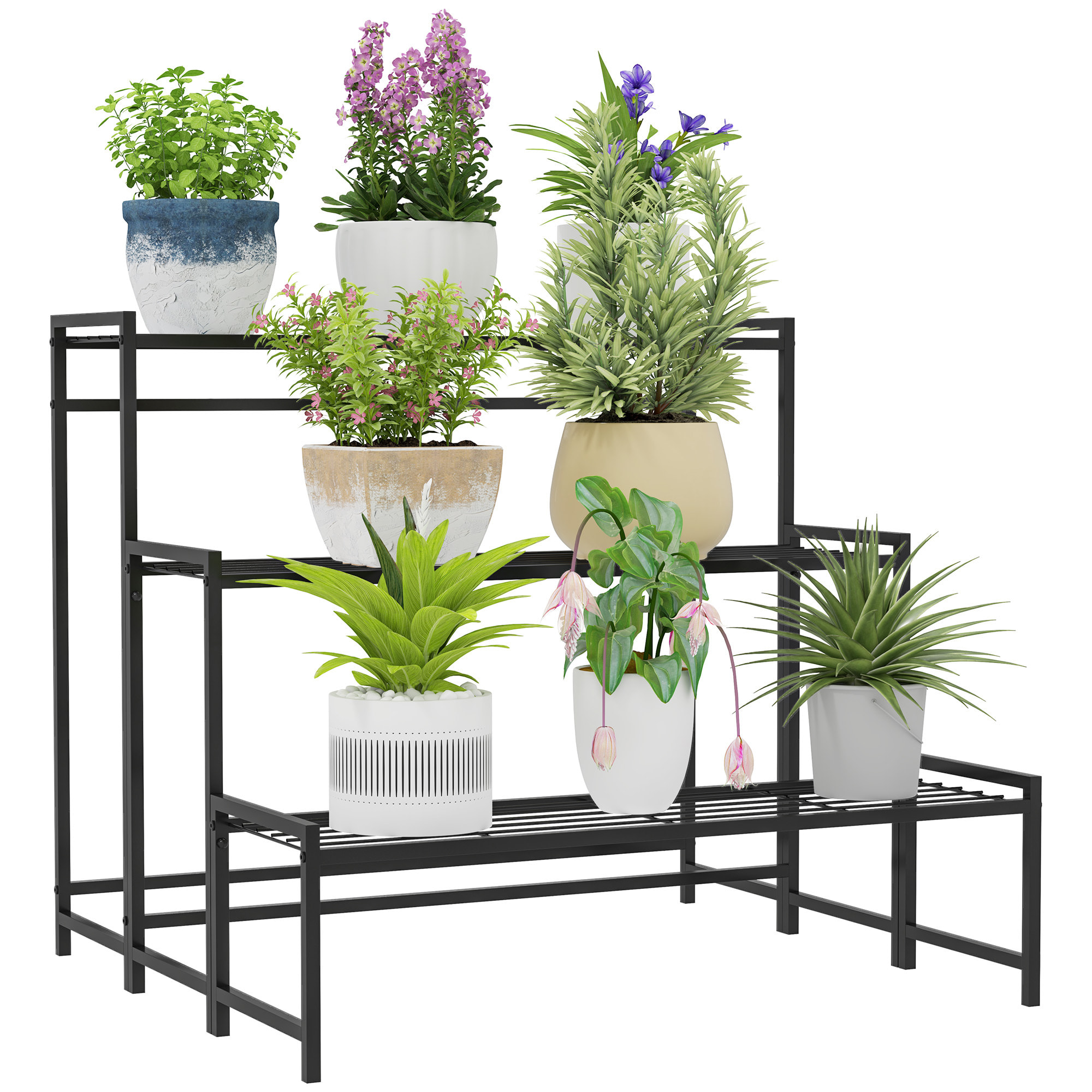 Soporte para Plantas de 3 Niveles Estantería para Plantas para Esquina Diseño en Escalera Soporte para Macetas Interior y Exterior 75x70x66 cm Negro