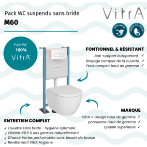 Pack WC suspendu sans bride M60 VortexFlush Round + abattant frein de chute + Bâti support autoportant + Plaque Blanc