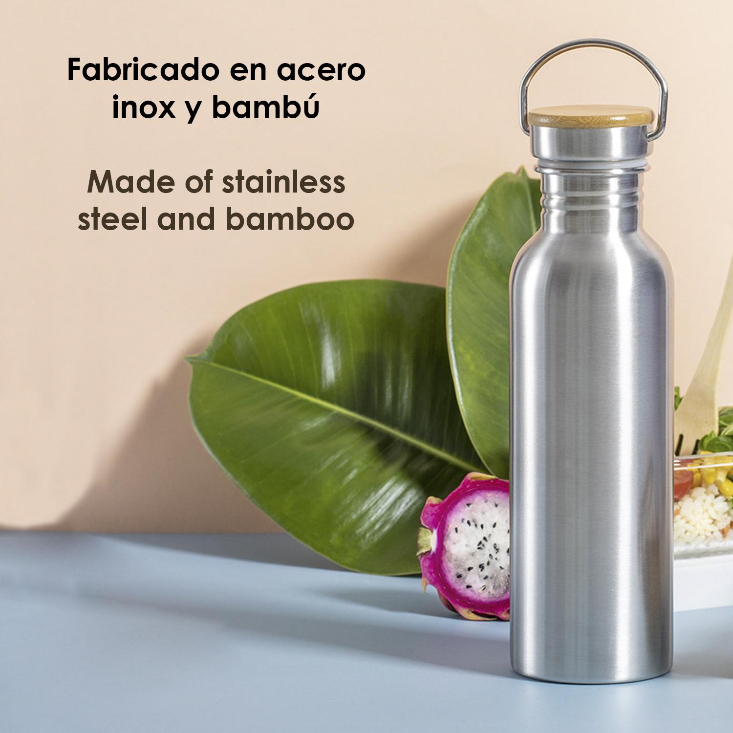 Rangler bidón Nature 800ml. Cuerpo de acero inox y tapón en bambú con cinta de transporte.