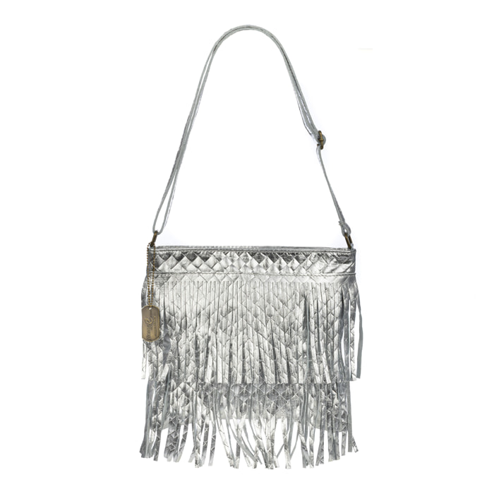 Avise bolso bandolera con flecos mujer. Piel auténtica Gamuza lacada brillante.