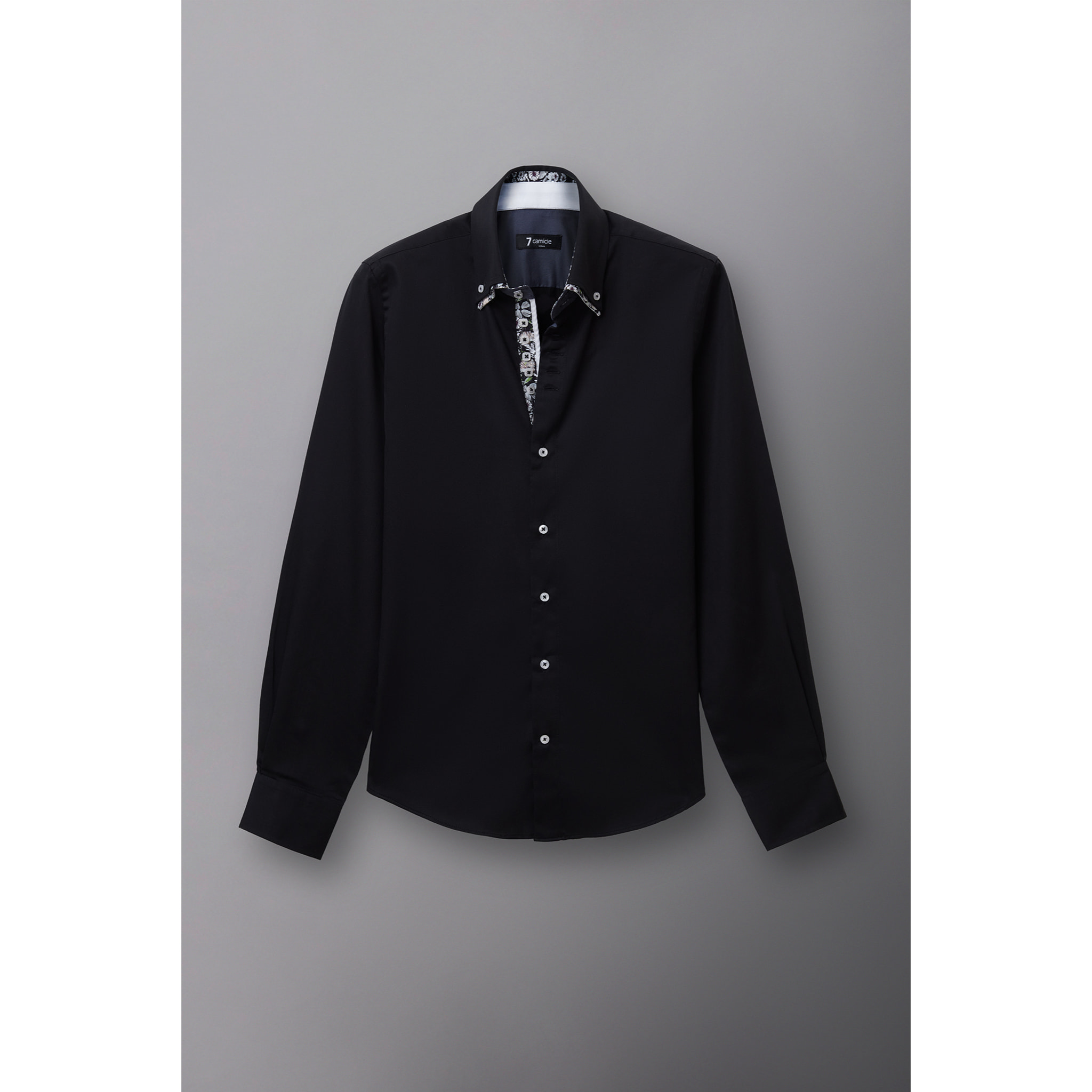 Camicia Uomo 2 Bottoni Button Down 7bottoni Doppio Coll Satin Unito Nero