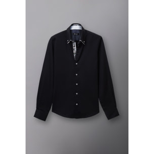 Camicia Uomo 2 Bottoni Button Down 7bottoni Doppio Coll Satin Unito Nero