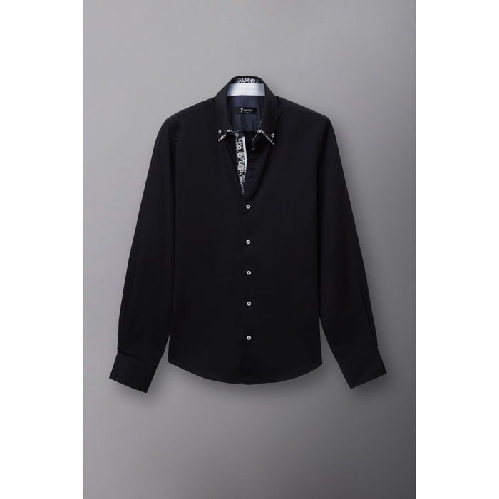 Camicia Uomo 2 Bottoni Button Down 7bottoni Doppio Coll Satin Unito Nero
