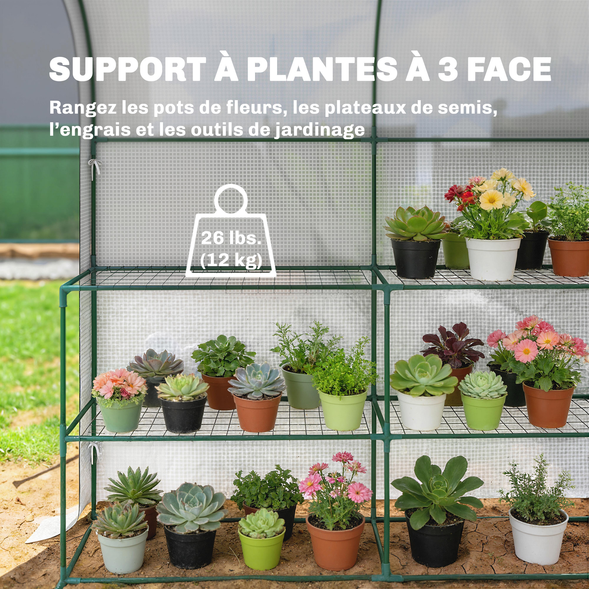 Serre de jardin avec étagères porte enroulable PE blanc