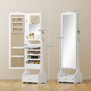 Espejo Joyero con Luces LED, Armario para Joyas, Armario Joyero con Espejo Entero de Ángulo Ajustable, Cajones, Mesa Interior Plegable, Cerradura, Luces Apagado Automático, Blanco y Forro Beige