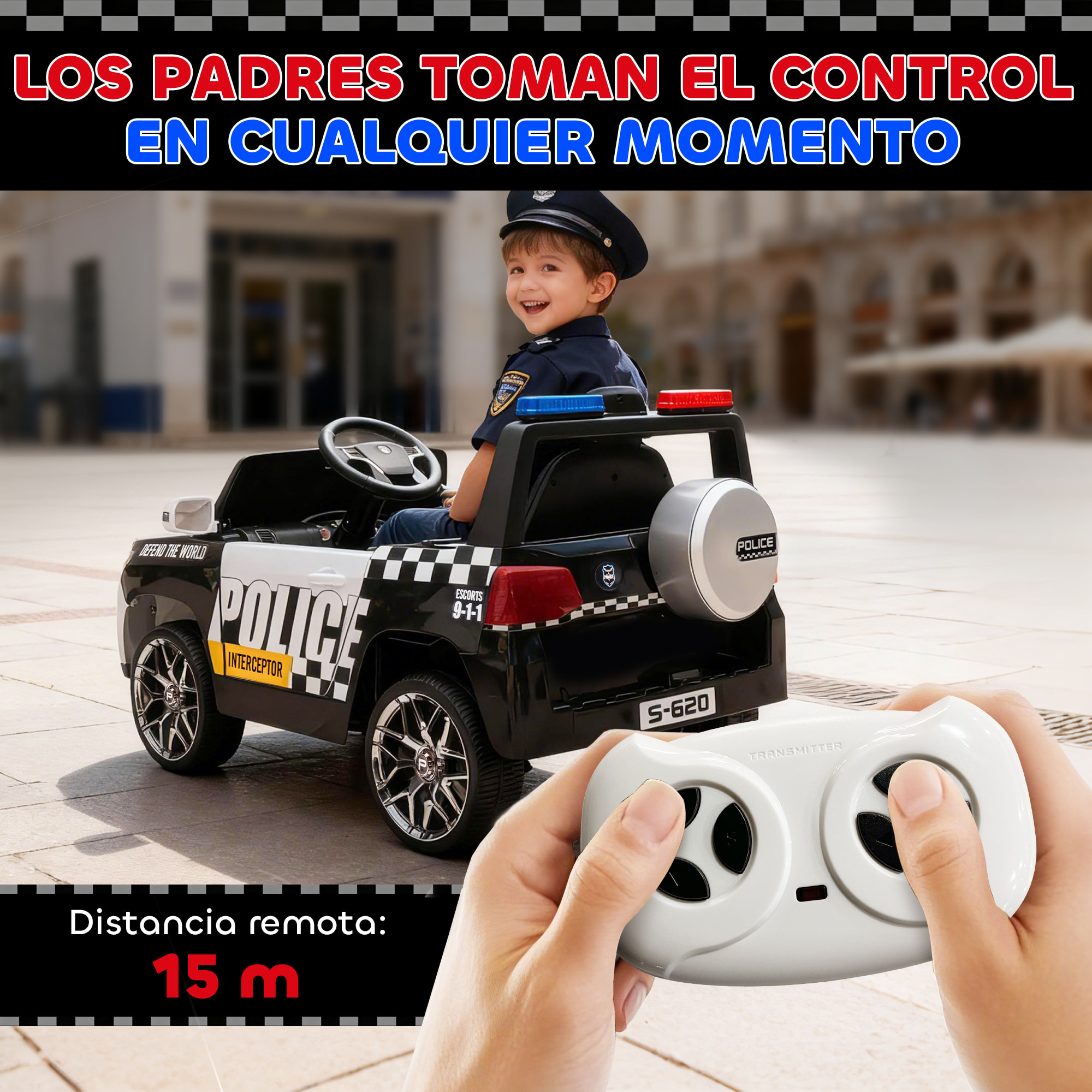 Coche Eléctrico para Niños de Policía, Coche de Batería 12V, con Motor Doble, Mando a Distancia 2,4 G, Suspensión en 4 Ruedas, Sirena, Faros LED, Puerto USB, Blutooth y Música, Blanco