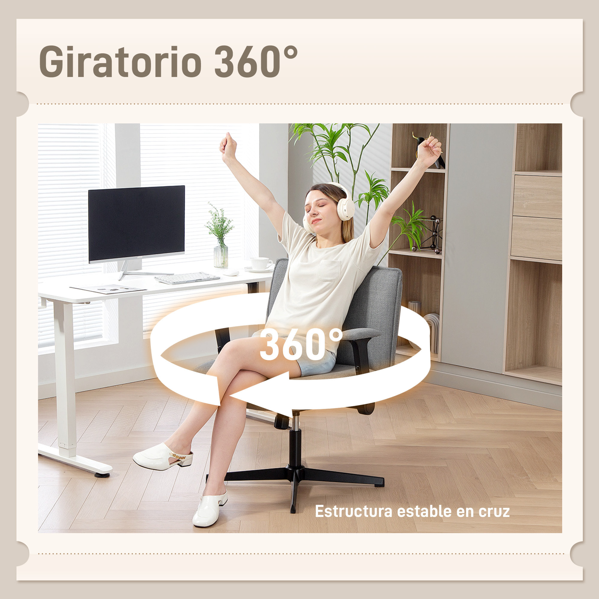 Silla de Oficina Piernas Cruzadas, Silla de Escritorio con Reposabrazos Abatible, Asiento Ancho, sin Ruedas, Altura Ajustable, Giratoria, Función Basculante, Tapizada en Lino, Gris