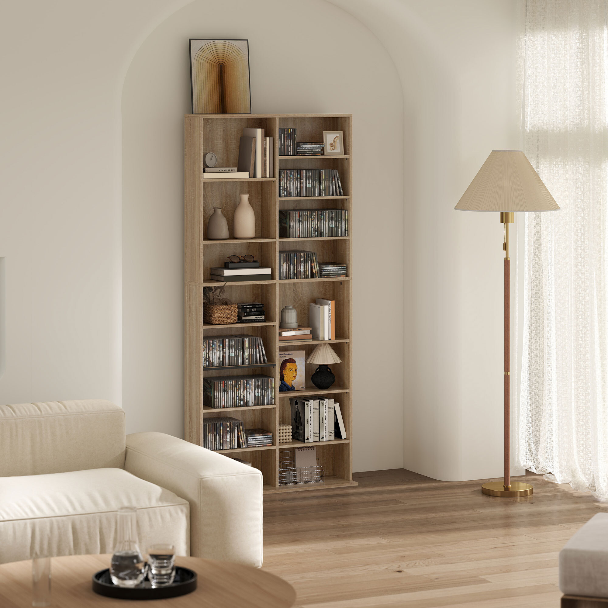 Étagère pour CD et DVD - 18 compartiments, 14 étagères réglables - 78,5x24x175cm - naturel