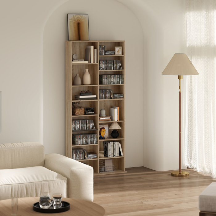 Étagère pour CD et DVD - 18 compartiments, 14 étagères réglables - 78,5x24x175cm - naturel