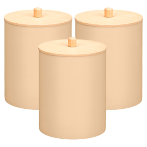 Confezione di 3 barattoli beige in plastica con coperchio in bambù. 9x13,2 cm