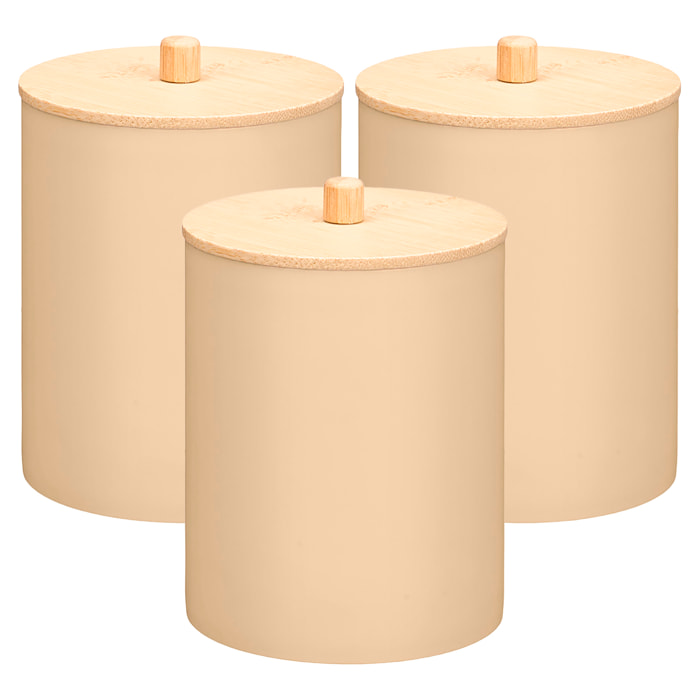 Confezione di 3 barattoli beige in plastica con coperchio in bambù. 9x13,2 cm