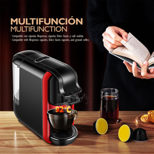 Cafetera multifunción de 1450 W y 19 bar, compatible con cápsulas y café molido. Con depósito de agua extraíble de 0,6 L.