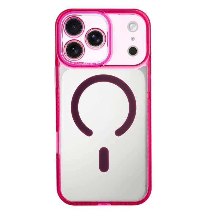 Custodia trasparente con camera coperta e bordi fucsia. Magsafe per iPhone 17 Pro Max.