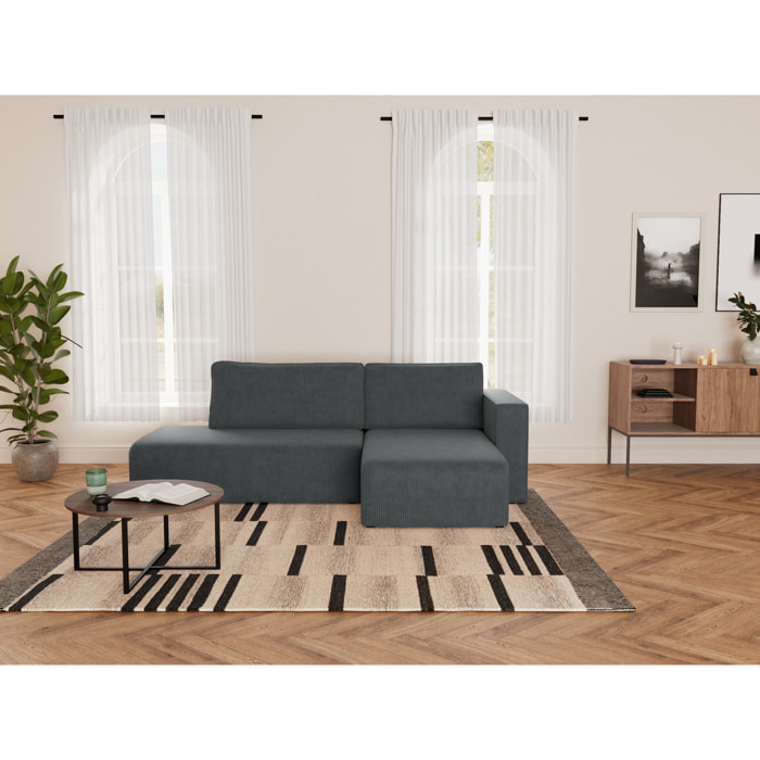 Topaze - canapé d'angle droit 4 places convertible avec coffre sans accoudoir en velours côtelé - Gris foncé