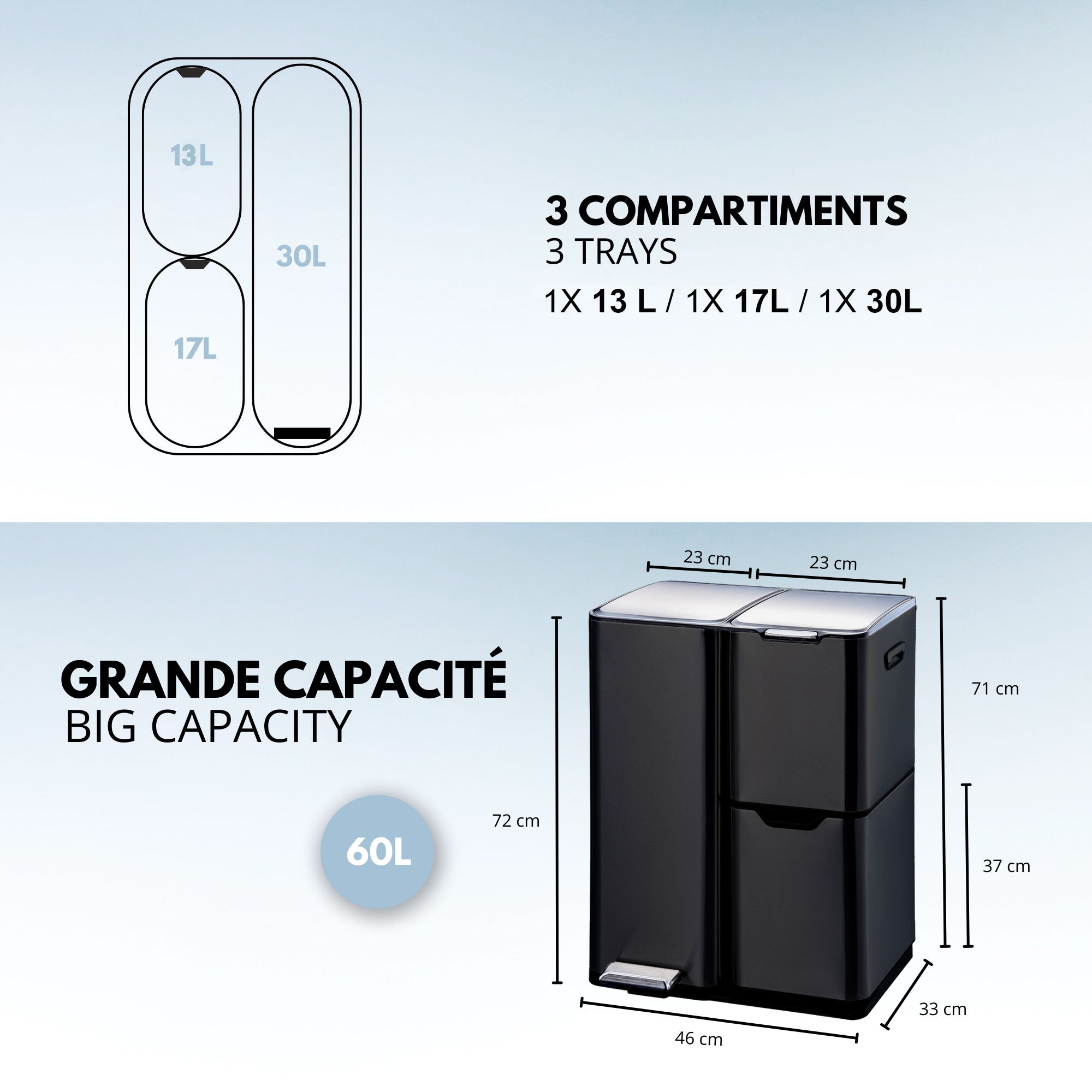 Poubelle de tri inox HAJA 60L 3bacs