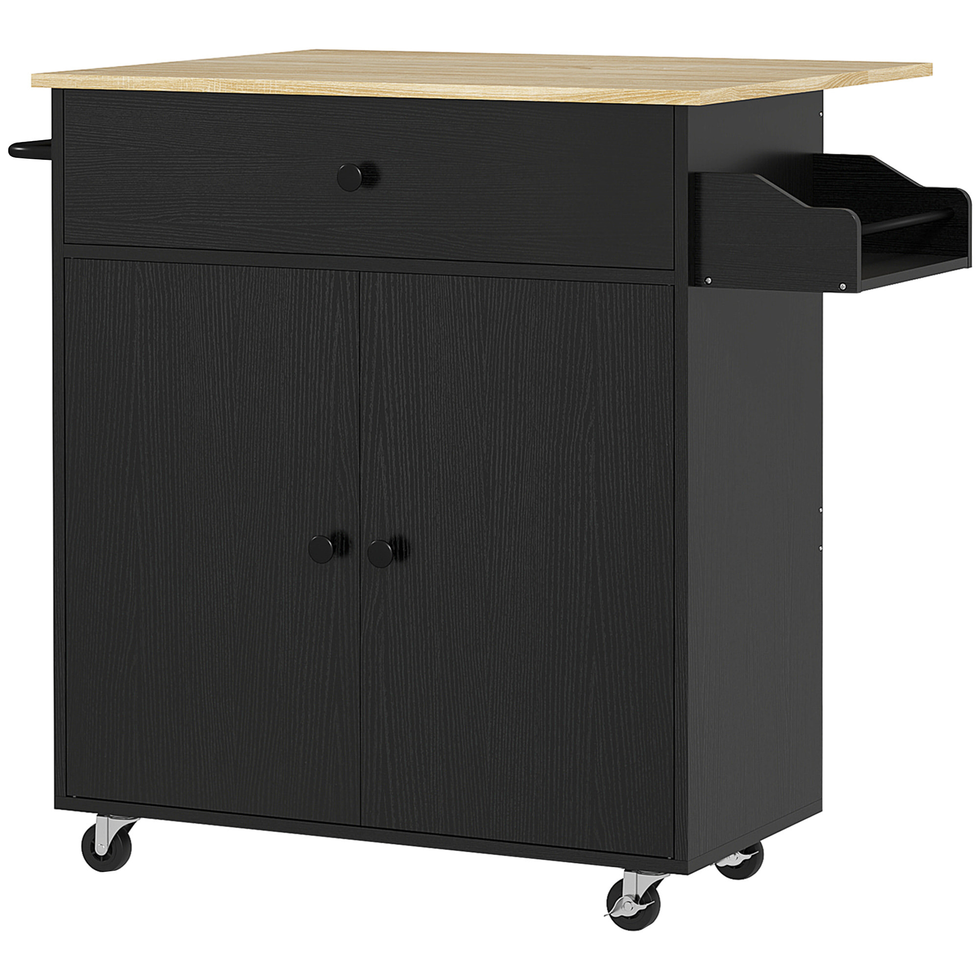 Isla de Cocina con Ala Abatible Carrito de Cocina Mueble Auxiliar de Cocina con Ruedas 2 Puertas Cajón Especiero Toallero y Estante Ajustable 106x42x87 cm Negro y Roble