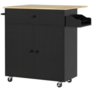 Isla de Cocina con Ala Abatible Carrito de Cocina Mueble Auxiliar de Cocina con Ruedas 2 Puertas Cajón Especiero Toallero y Estante Ajustable 106x42x87 cm Negro y Roble