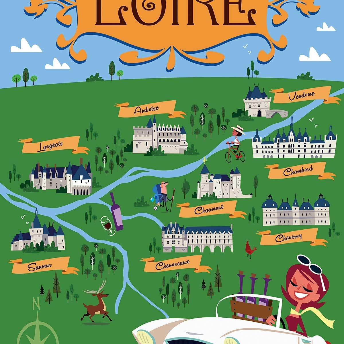 Poster sur la route des chateaux de la loire Affiche sous cadre bois