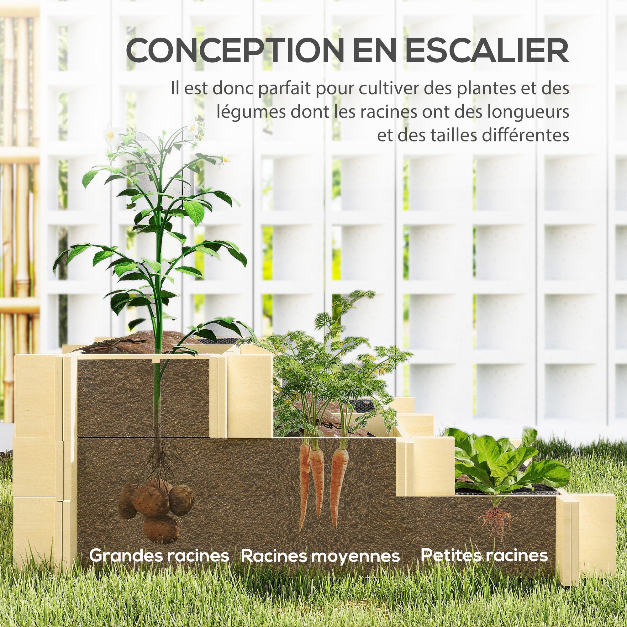 Carré potager bois en escalier 3 niveaux dim. 93 x 93 x 35 cm