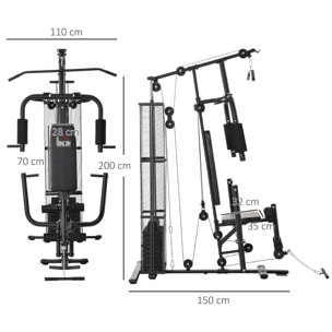 Station de musculation - entrainement complet - développé couché, butterfly, barre latissimus, curler, bande résistance - 10 contrepoids - acier noir