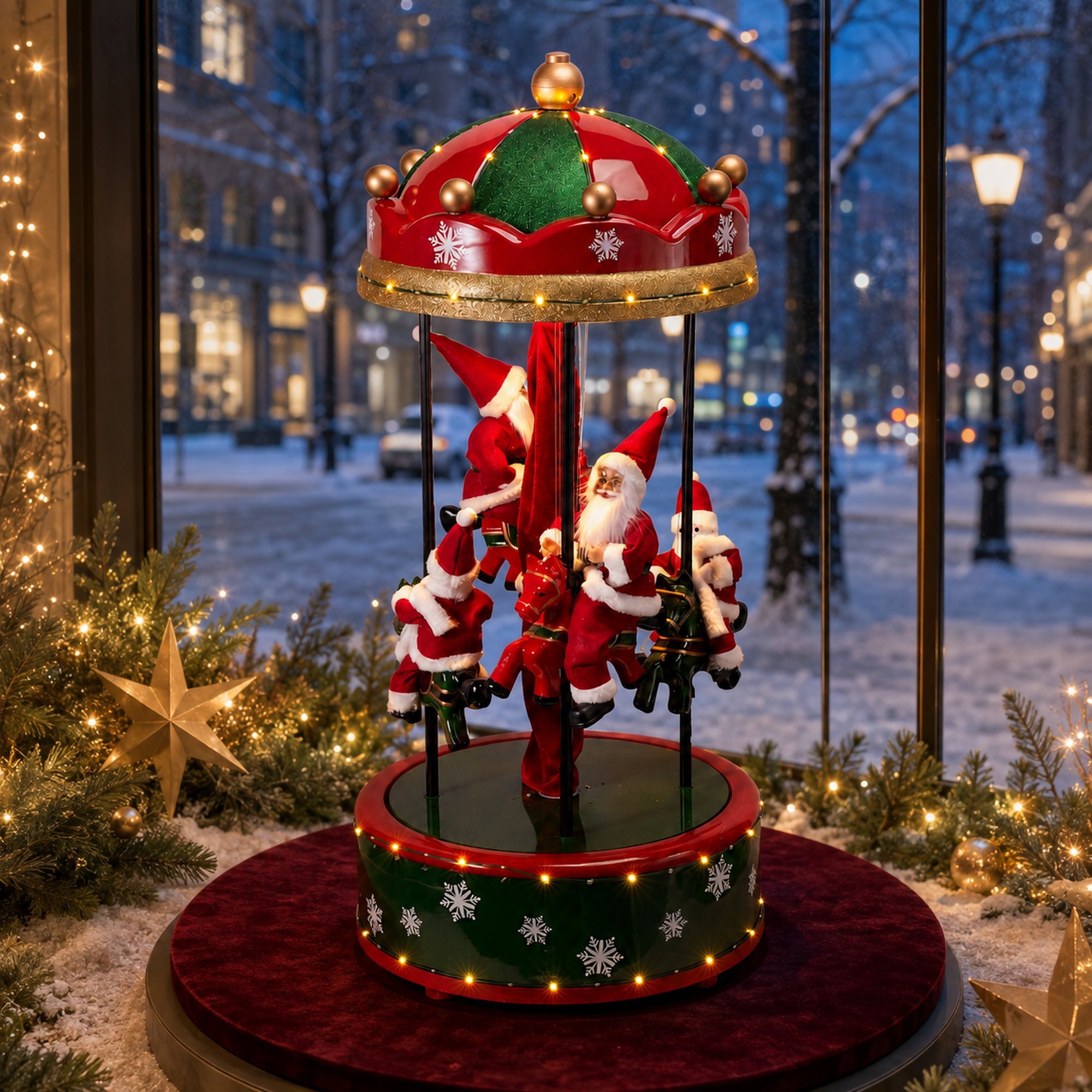 Carrusel navideño gigante con papá noel y muñecos de nieve, con 114 leds blanco cálido, plegable h.110 cm