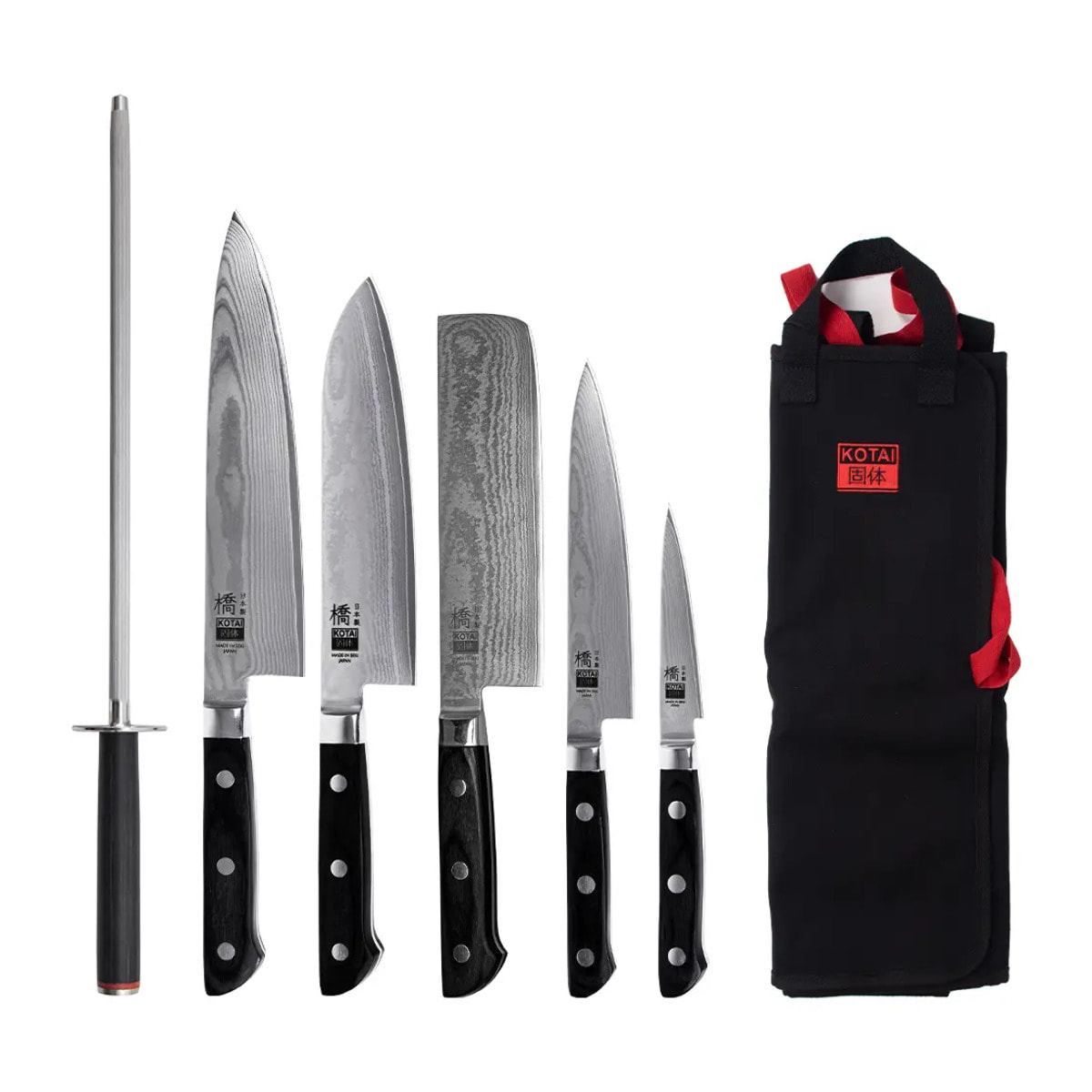 Set Hashi Damasco Nómada 7 piezas: 5 cuchillos (de pelar 9cm + universal 15cm + nakiri 16cm + santoku 18cm + gyuto 20cm) + funda 100% algodón + afiladora