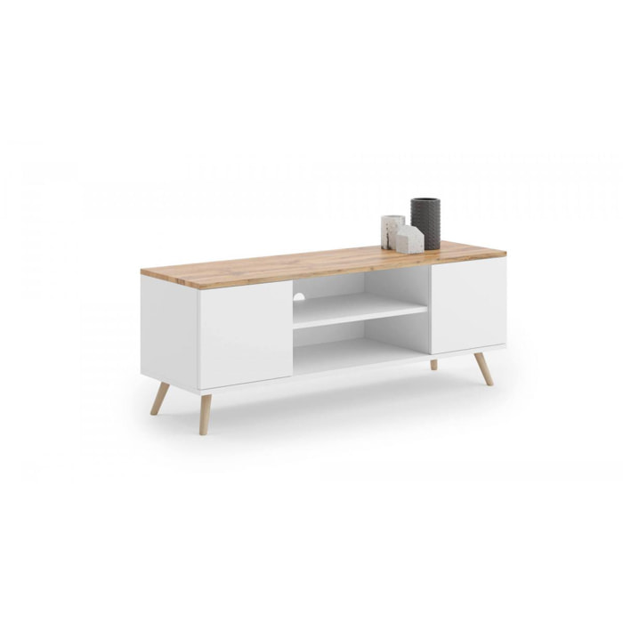 Mobile porta tv con 2 ante e 1 ripiano centrale, Credenza con piedini, Buffet da soggiorno in stile scandi, cm 155x40h49, colore Bianco e top color Acero