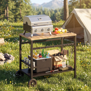 Desserte de jardin métal bois étagère range épices 6 crochets ustensiles plateau poignée