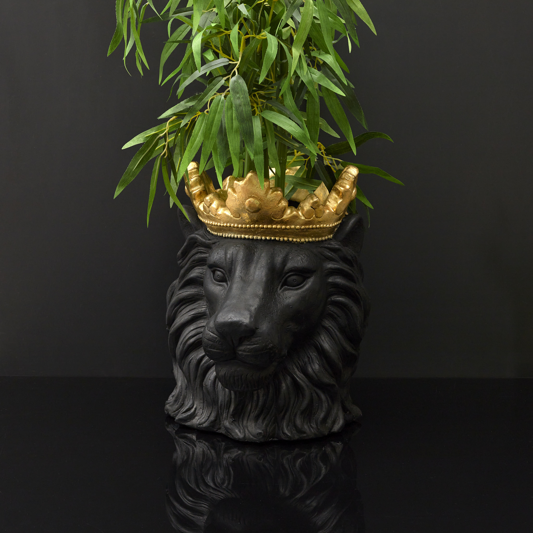 Cache Pot Lion Noir Couronne Doree D16cm