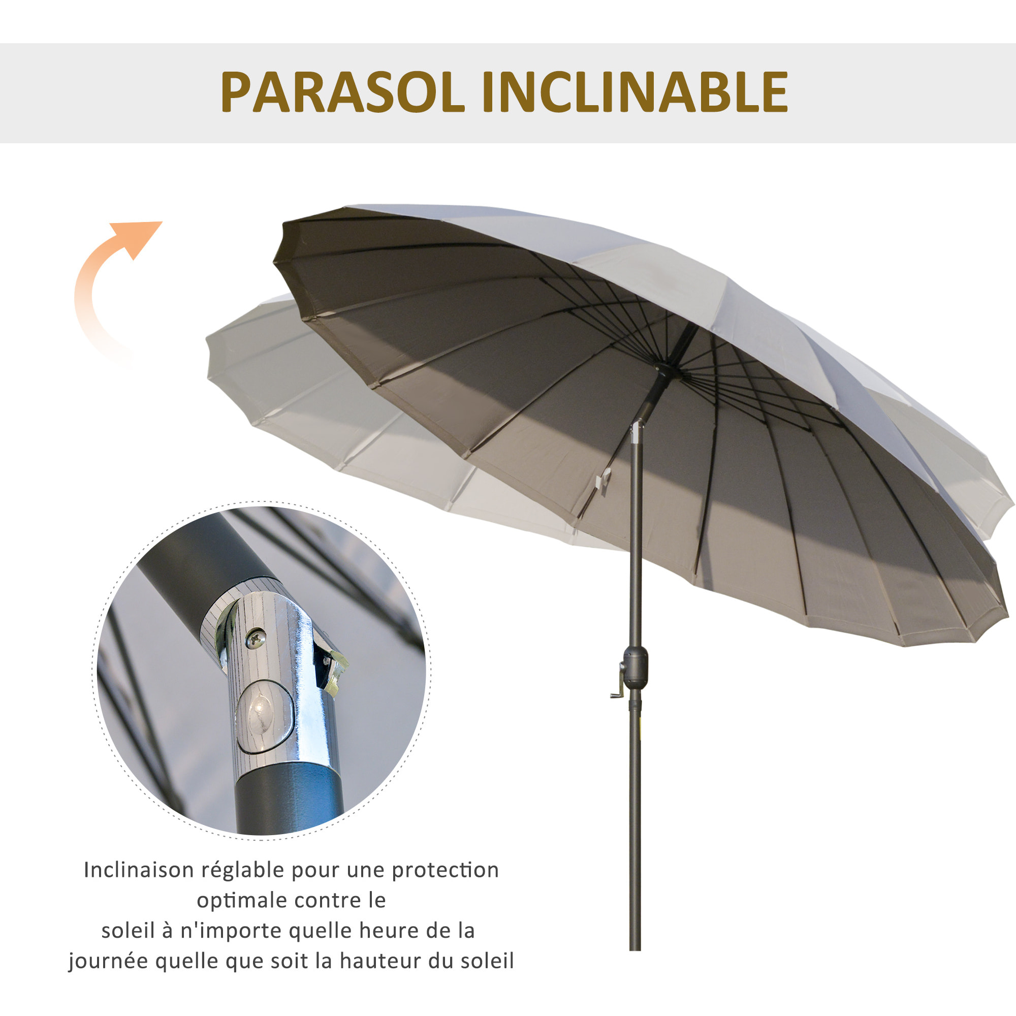 Parasol inclinable rond avec manivelle métal fibre de verre Ø 2,55 m polyester haute densité gris