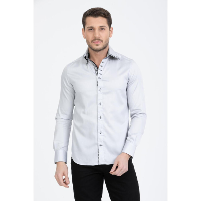 Camicia Uomo 2 Bottoni Button Down 7bottoni Doppio Coll Satin Unito Grigio