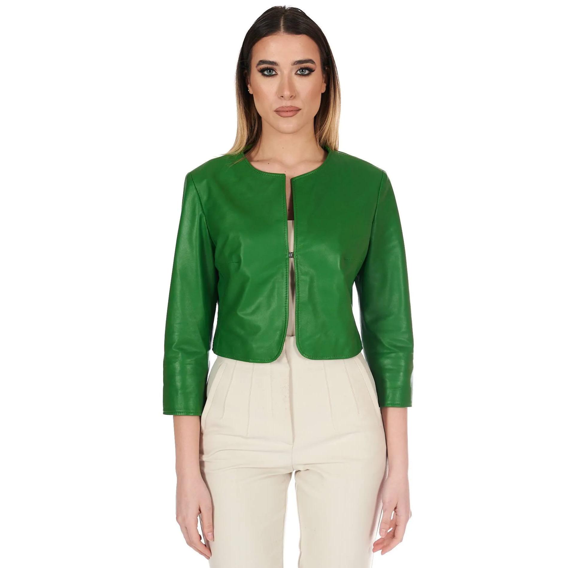 Giacca corta bolero in pelle verde menta girocollo