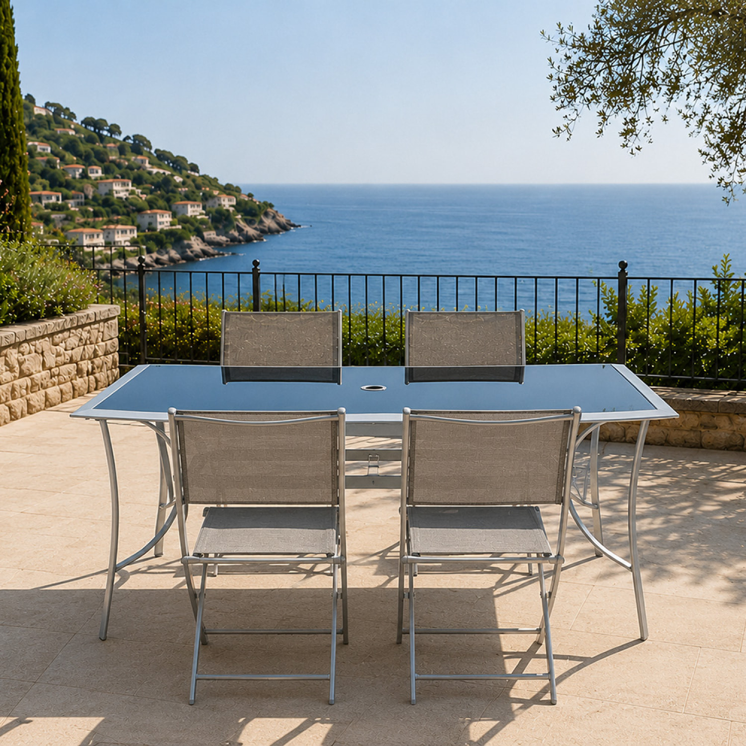 Ensemble de jardin table 150 cm + lot de 4 chaises pliantes DURHAM