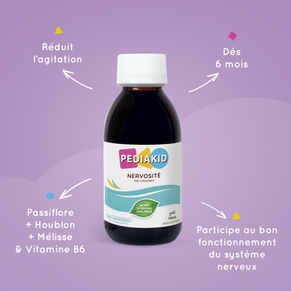 PEDIAKID - Sirop Nervosité -Complément Alimentaire Naturel - Formule Exclusive au Sirop d'Agave - Favorise l'Apaisement - Réduit l'Agitation - Arôme Naturel Cassis - Flacon de 125 ml