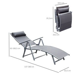 Tumbona Plegable Tumbona de Jardín con Respaldo Ajustable en 7 Niveles Almohada y Reposabrazos Carga 165 kg para Piscina Terraza Camping 137x63,5x100,5 cm Gris