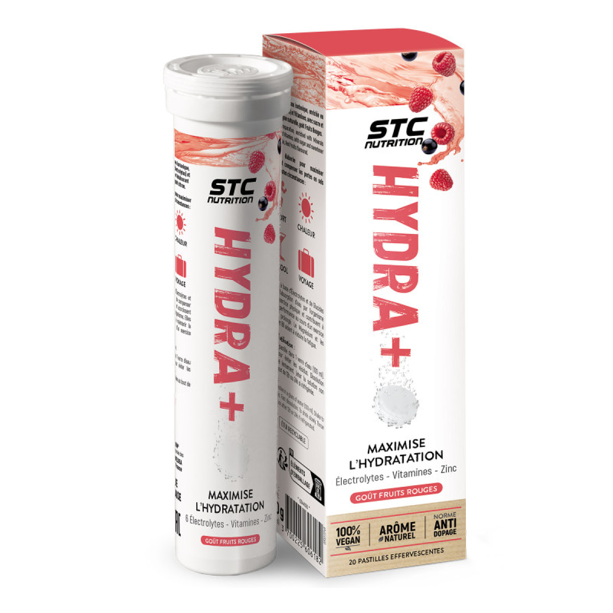 STC NUTRITION - Hydra + - Préparation pour boisson isotonique à base d'électrolytes, vitamines, sucre et édulcorant d'origine naturel - Optimise l'hydratation - 20 pastilles - Fruits Rouges