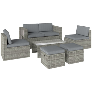 Salon de Jardin 6 personnes 6 pièces encastrable résine coussins déhoussables gris