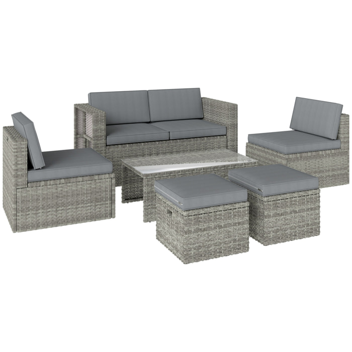 Salon de Jardin 6 personnes 6 pièces encastrable résine coussins déhoussables gris
